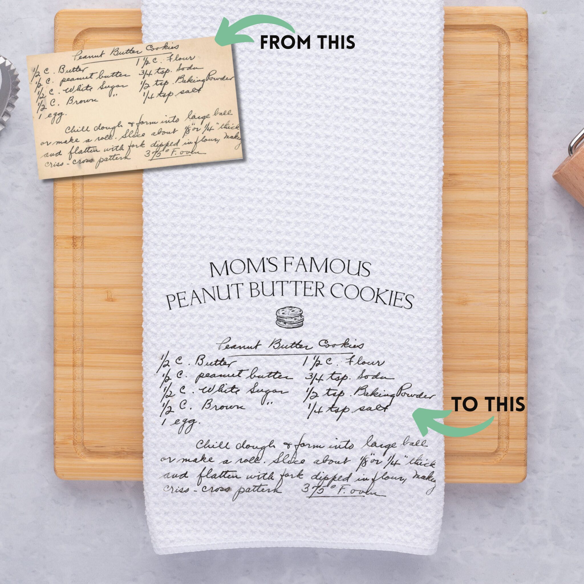 Image of turning a handwritten recipe card into a handwritten recipe towel